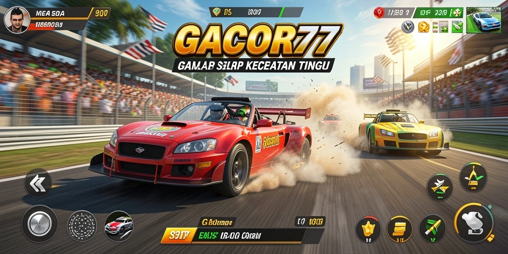 Screenshot GACOR77 menampilkan balapan seru dengan mobil dan trek.