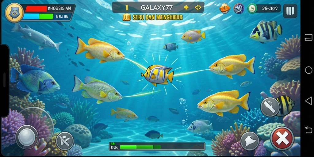 Screenshot menampilkan gameplay menembak ikan di GALAXY77.